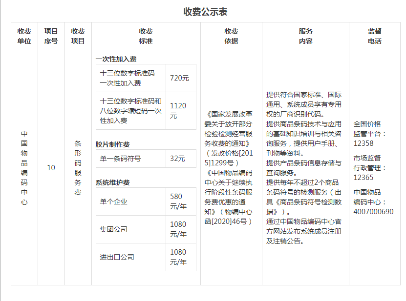 貴州商品條碼申請(qǐng)費(fèi)用